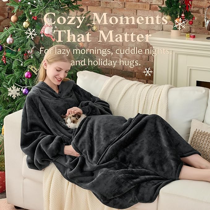 Krifey Big & Tall Wearable Blanket Hoodie with Cat Pocket, Extra Long Oversized Fleece Blanket for Adults, Cozy Birthday Gifts, Christmas Gifts