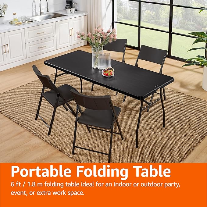 Amazon Basics Heavy Duty Portable Folding Table, 6 ft, Indoor & Outdoor, Fold-in-Half Design with Carrying Handle, for Events, Easy Folding and Storage, Black | Portable, Heavy Duty, Indoor & Outdoor, with Carrying Handle