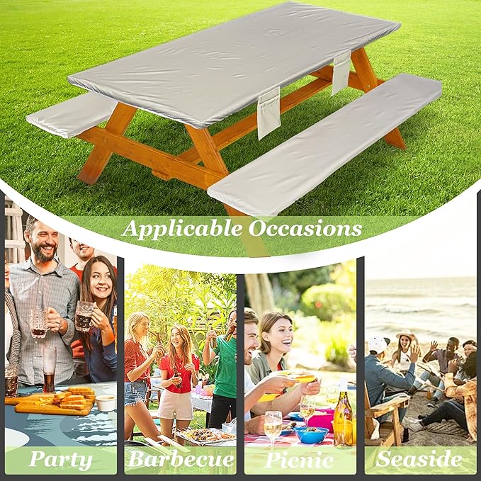 Picnic Table Cover with Bench Covers Vinyl Elastic Edges Fitted Rectangle Seat Tables Waterproof 3-Piece96X30in Set Outdoor Rectangular Folding Backing Tablecloth for Camping Over Size