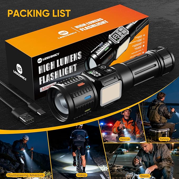 Rechargeable Flashlights High Lumens 100,000, Super Bright LED Flash Light Long Lasting USB C LCD Display, Dual Light Source & Buttons with Red Light, for Camping Hiking Emergency Home Gift