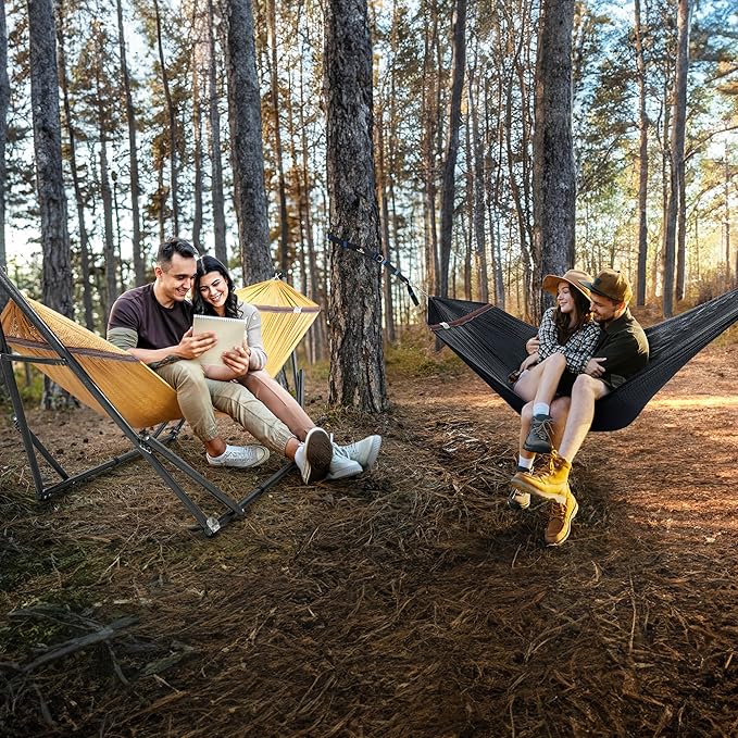 Tranquillo Combo x2 Hammocks with Stand for Outside & Tree Straps, Heavy Duty Hammock with Stand 600lbs for Indoor Outdoor Patio Backyard, x2 Hammocks for 2 Person (Combo - Yellow, Medium)