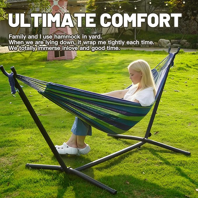 Hammock with Heavy-Duty Steel Stand for Outside,Hammocks 450 Lb Capacity,Portable Hammock,2 People Standing Hammocks,Suitable for Beach,Backyard, Gardens, Patio, Bedroom,100 * 40 * 38 Inch (Blue)