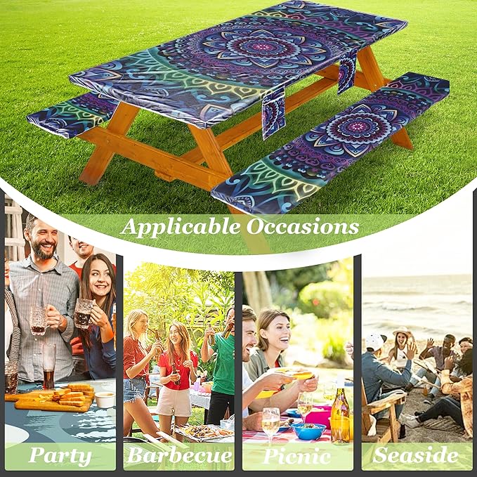 Picnic Table Cover with Bench Covers Vinyl Elastic Edges Fitted Rectangle Seat Tables Waterproof 3-Piece72X30in Set Outdoor Rectangular Folding Backing Tablecloth for Camping Over Size