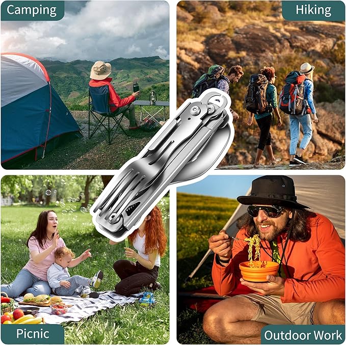 POXIMO Camping Utensils, 6-In-1 Detachable Stainless Steel Camping Flatware Multi-tool kits with Spoon Fork Knife Corkscrew Bottle&Can Opener, Folding Portable Cutlery Set for Travel Hiking Picnic