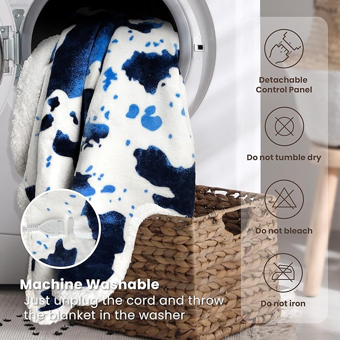 Heated Blanket Queen Blanket - Fast Heating Electric Blanket, Soft Flannel Heated Queen with 4 Time Settings,10 Heating Settings, Warm Gifts for Women & Mom & Grandma(84"x90"Cow Print Blue)
