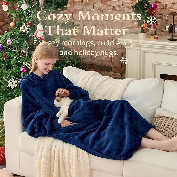 Krifey Big & Tall Wearable Blanket Hoodie with Cat Pocket, Extra Long Oversized Fleece Blanket for Adults, Cozy Birthday Gifts, Christmas Gifts