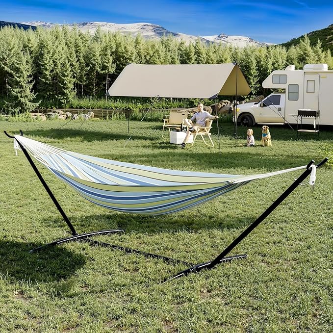 TrailBlaze Double Person Heavy Duty Hammock with Space-Saving Steel Stand, 450lb Capacity, Portable Carrying Case, Premium Balance Beams, Indoor/Outdoor Use - Blue and Green Stripes
