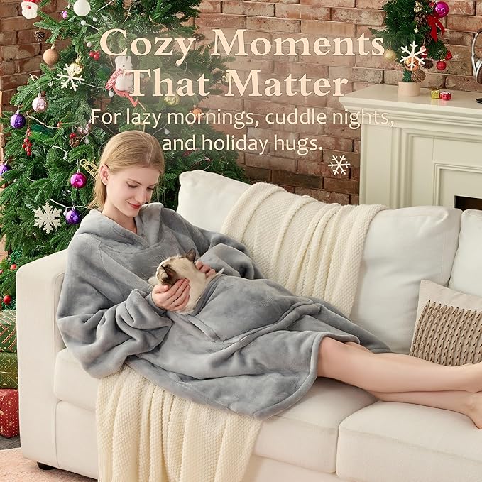 Krifey Wearable Blanket Hoodie, Oversized Sherpa Fleece Sweatshirt with Giant Pocket, Birthday Gifts for Women, Mom, Sister, Light Gray