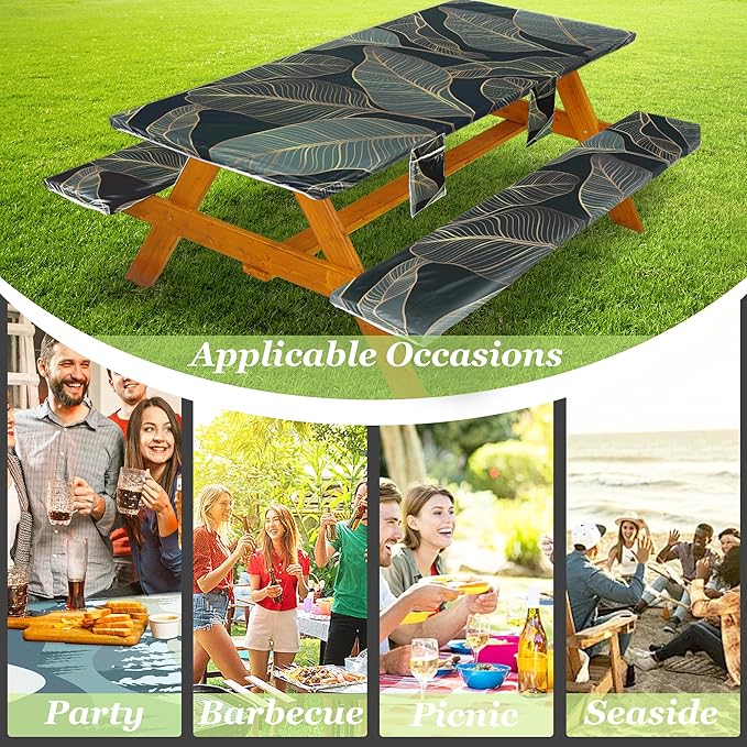 Picnic Table Cover with Bench Covers Vinyl Elastic Edges Fitted Rectangle Seat Tables Waterproof 3-Piece72X30in Set Outdoor Rectangular Folding Backing Tablecloth for Camping Over Size
