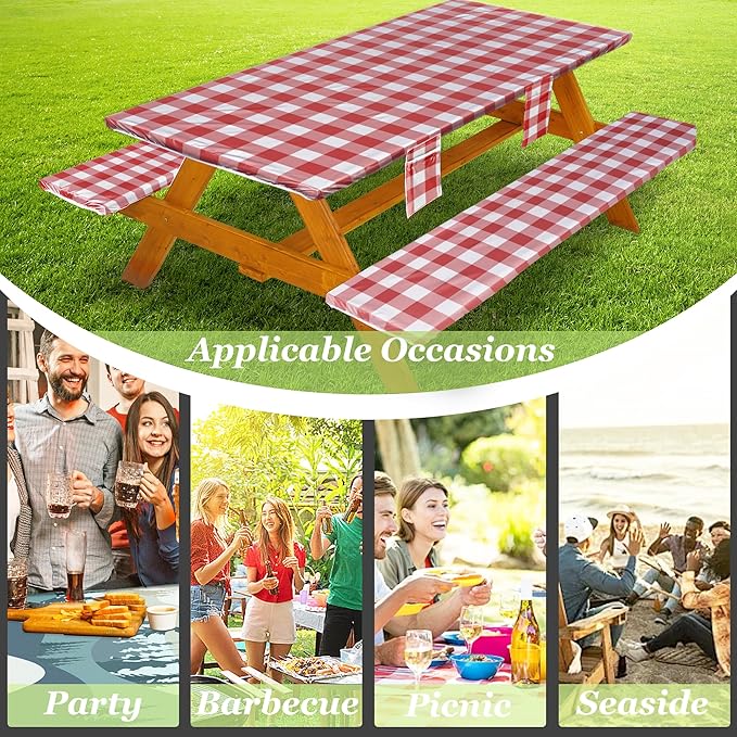 Picnic Table Cover with Bench Covers Vinyl Elastic Edges Fitted Rectangle Seat Tables Waterproof 3-Piece72X30in Set Outdoor Rectangular Folding Backing Tablecloth for Camping Over Size