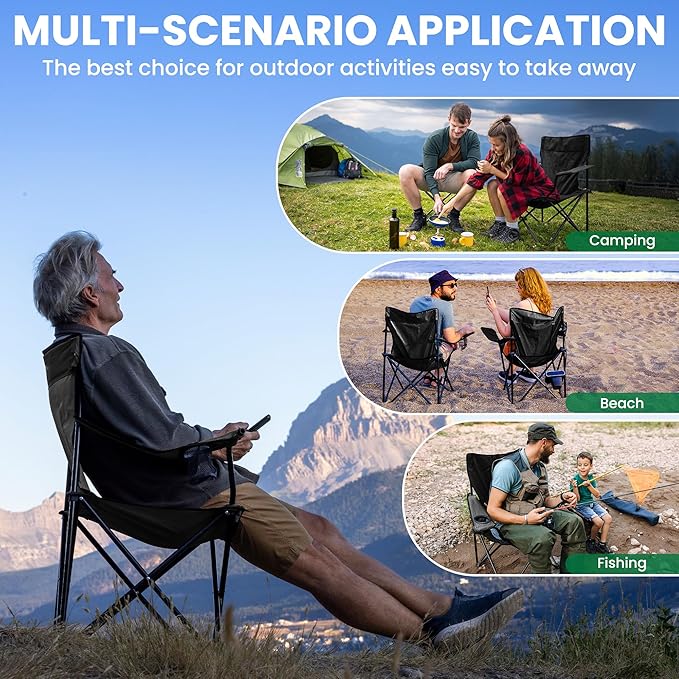 2-Pack Foldable Camping Chairs with Cup Holder, 300LB Lawn Portable Folding Chairs for Adults, Lightweight Outdoor Beach Chairs with Carry Bag for Camp, Fishing, Sports (Black)