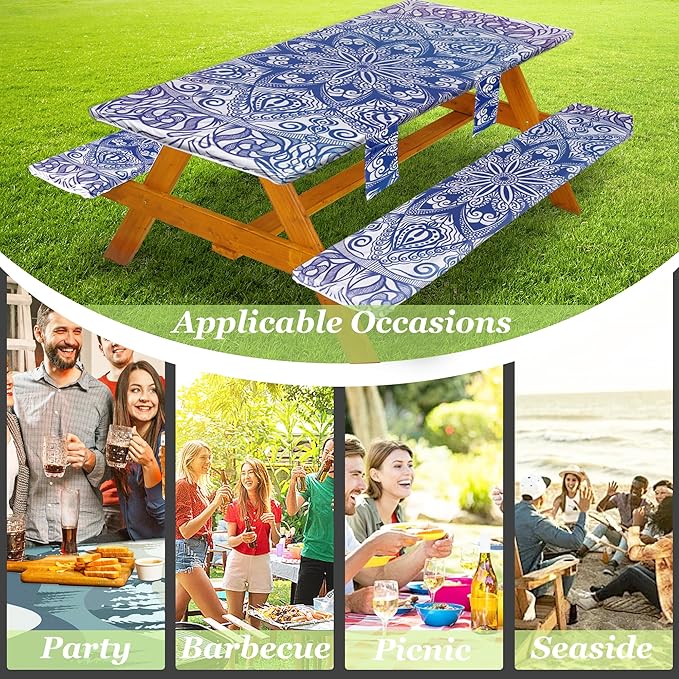Picnic Table Cover with Bench Covers Vinyl Elastic Edges Fitted Rectangle Seat Tables Waterproof 3-Piece72X30in Set Outdoor Rectangular Folding Backing Tablecloth for Camping Over Size