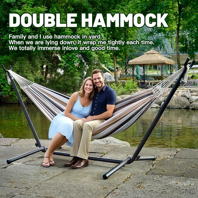 Hammock with Heavy-Duty Steel Stand for Outside,Hammocks 450 Lb Capacity,Portable Hammock,2 People Standing Hammocks,Suitable for Beach,Backyard, Gardens, Patio, Bedroom,100 * 40 * 38 Inch (Coffee)