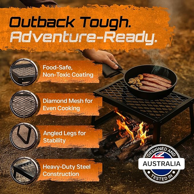 Adventure Seeka Folding Campfire Grill – Portable Over-Fire Grill with Food-Safe Coating, Heavy Duty Steel, Compact with Folding Legs - Camping, RV, Overlanding, Fire Pits