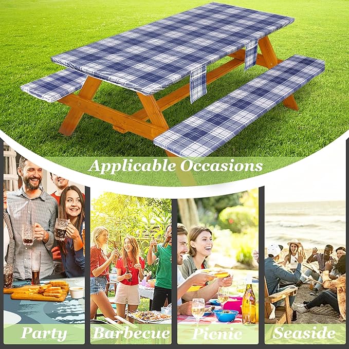Fitted Picnic Table Cover with Bench Covers Waterproof Elastic Edges Rectangle Patio Tablecloth Outdoor Camping Essentials Stuff Rv Accessories Summer Trip Travel Camper Gifts for Woman Men, 72in 6 ft