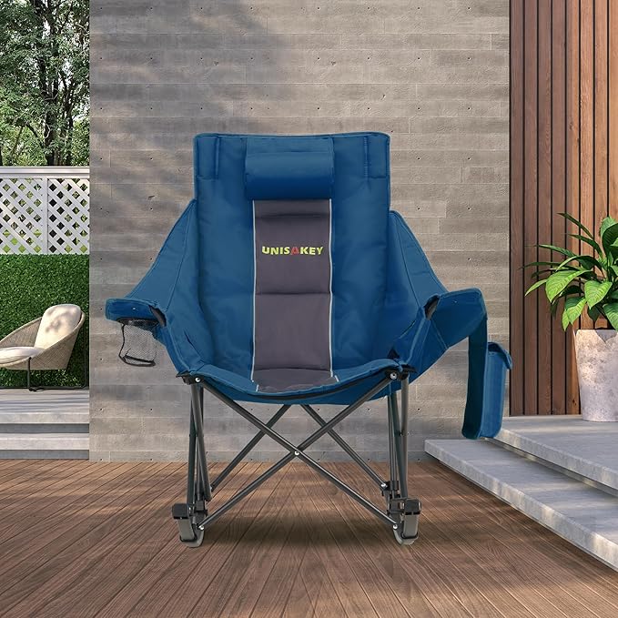 Unisakey Oversized Rocking Camping Chair with Headrest & Cup Holder - 400lbs Capacity, 600D Oxford Fabric, Easy Fold Portable Outdoor Rocker Chair for Camping, Backyard, Beach, Blue