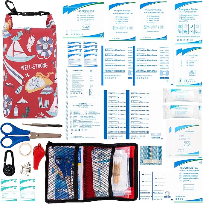 Boat First Aid Kit Waterproof, WELL-STRONG Marine Emergency Kit with Roll Top Dry Bag for Boating Fishing Kayaking – Water-Resistant Contents for Camping & Beach(Red Sea)