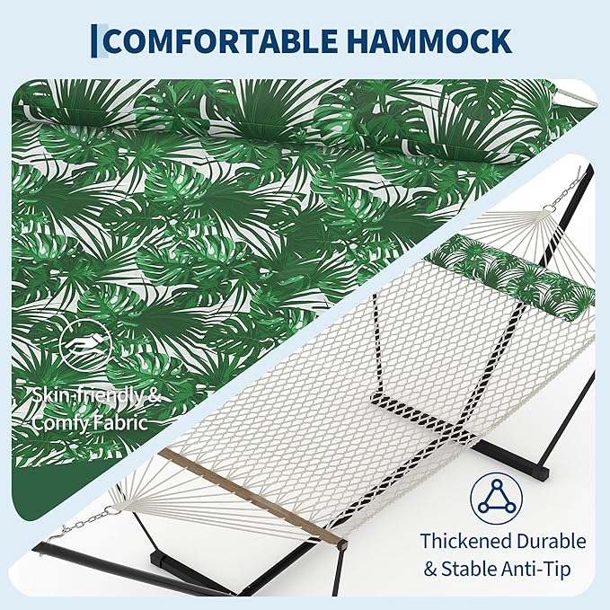 Garvee 2 Person Portable Double Hammock for Outdoor with Pillow, Heavy Duty Portable Hammock with Adjustable Steel Stand for Patio, Garden, Beach, Backyard