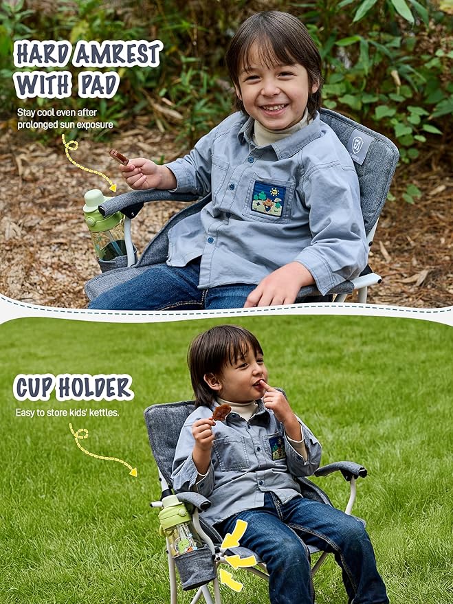 EVER ADVANCED Kids Camping Chairs with Cup Holder, Padded Folding Camping Chair Outdoor with Safety Lock, Carry Bag, Lightweight Portable Camp Chairs for Beach, Balcony, Patio, Supports 150lbs, Grey