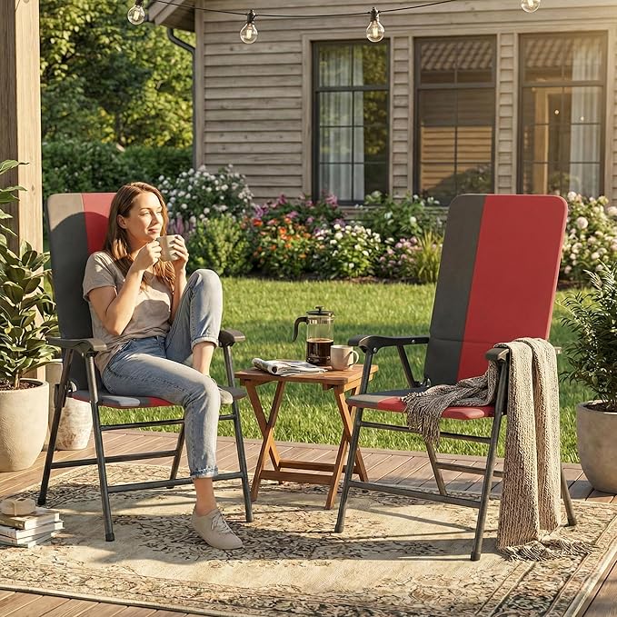 Outsunny Folding Patio Chairs Set of 2, Padded High Back Folding Lawn Chairs with Armrests, 600D Oxford Fabric, Portable Outdoor Camping Chair Set for Deck, Garden, Backyard, Red