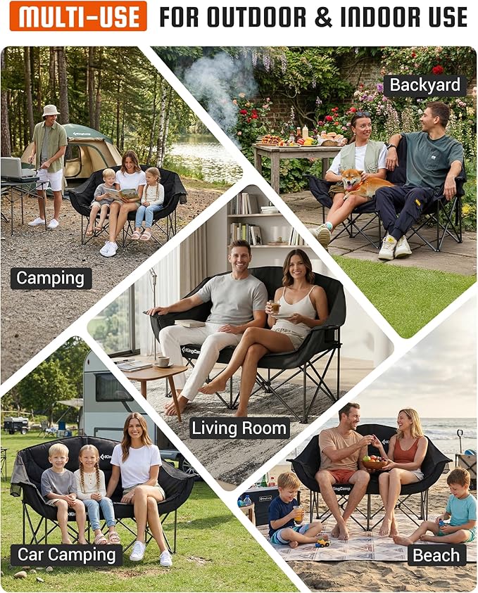 KingCamp Double Camping Chair, Oversized Heavy Duty 660lbs Loveseat for Adults Portable Folding XL 2 Person Couch Padded Comfortable Two Seat with Cup Holder for Outdoor Lawn Backyard, Black