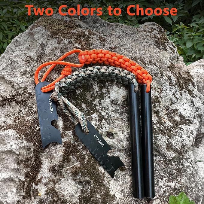 VVAAGG Flint and Steel Fire Starter Kit Survivor, 3/8" 1/2 inch Ferro Rods and Magnesium Rods with Paracord Handle