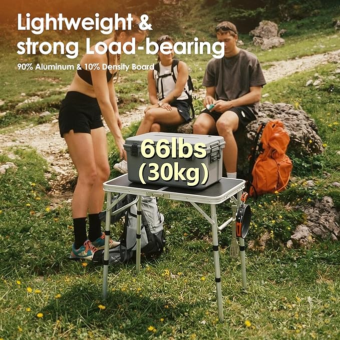 Folding Picnic Table 2ft Portable Camping Table Adjustable Heights Metal Aluminum Lightweight Foldable Small Outdoor Card Table with Carry Handle for Outside Indoor Camp Cooking BBQ Beach(Black)