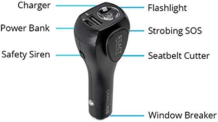 React 7-in-1 Vehicle Emergency Multi-Tool by ChargeHub with 2200mAh Power Bank, USB Car Charger, Window Breaker, Concealed Seat Belt-Cutter, Flashlight, Red Flashing Light, & Audible S.O.S Alarm.