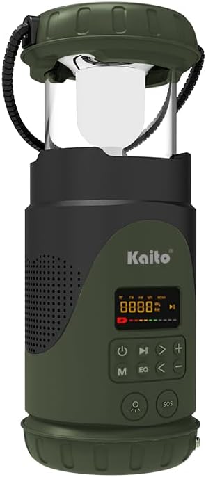 Kaito KL101 Emergency Camping Lantern & Flashlight, Hand Crank & Solar Powered, 5000mAh Rechargeable Battery, AM/FM/Weather Radio, Waterproof, SOS Alarm, USB Charging