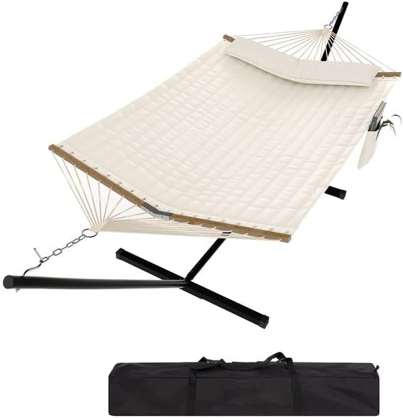 GarveeHome 2 Person Hammock with Stand, Portable Outdoor Hammock, Heavy Duty Hammock with Carrying Bag, Soft Pillow, Balance Ropes, White