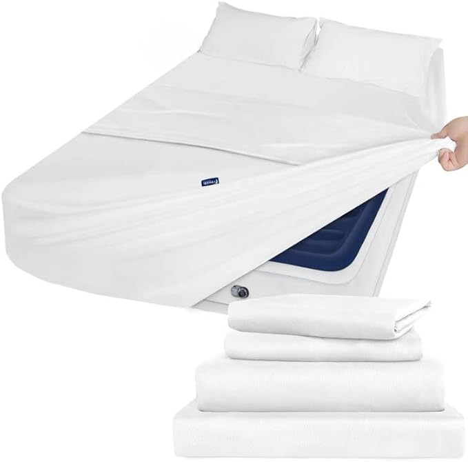 Moonsea Queen Sheet Set Deep Pocket - 4 Piece Extra Soft Queen Bed Sheets - Side Storage Pocket Fitted Sheet & Pillowcase & Flat Sheet - Easily Fits 16in to 24in Pillow Top Air Bed Mattress - White