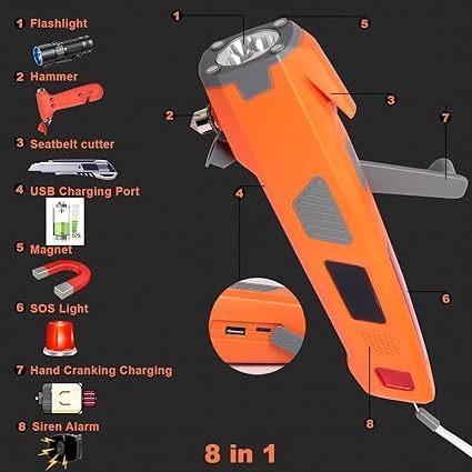 LUXON Car Emergency Escape Tool 8-in-1,Car Safety Tool:Window Breaker,Seat Belt Cutter,LED Flashlight,USB Charger,SOS Light,Hand Cranking Charge,Magnetic,Siren Alarm