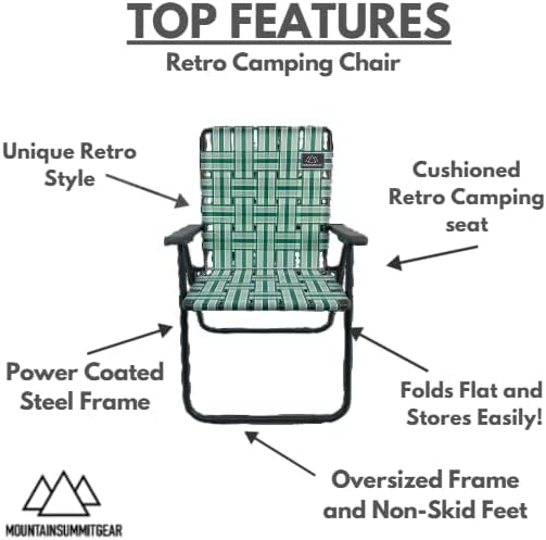 MOUNTAIN SUMMIT GEAR Retro Webbed Camping Chair - Lightweight, Foldable, Durable Steel Frame, 300lb Capacity, Vintage Stripes by Caddis Sports (4, Sage Green)