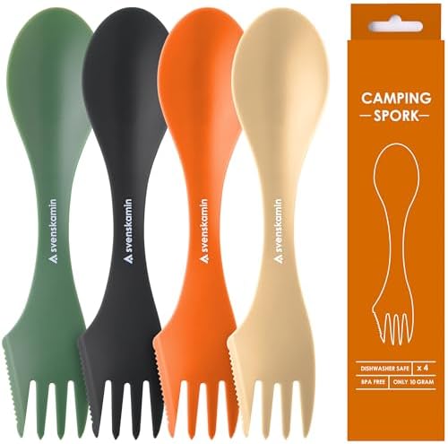 Reusable Camping Spork Set 4-Pack - 3-in-1 Travel Sporks, Lightweight Durable Utensils & Silverware for Tailgate, Outdoors, Hiking, Picnic, Lunch Box - Eco-Friendly Plastic Fork Spoon Knife Combo