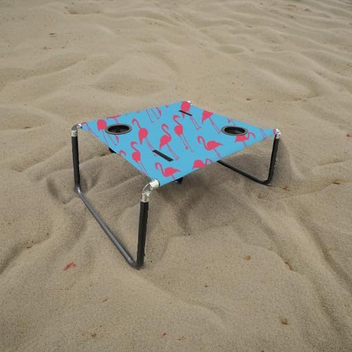 Neso Beach Table - Lightweight, Portable and Foldable Table for Beach, Camping and Outdoor Adventures - Stable Surface - with Cup Holder for Drinks and Phone Pockets - Flamingos