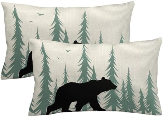 ITFRO Set of 2 Birthday Gift Wildlife Bear Throw Pillow Cover Pine Tree Forest Cotton Linen Lumbar Animal Cushion Case Farmhouse Home Decor for Bed Sofa Couch 12x20 Inches (Beige and Green)