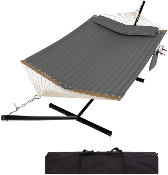 GarveeHome 2 Person Outdoor Hammock with Stand, Portable Hammock, Heavy Duty Hammock with Carrying Bag, Soft Pillow, Balance Ropes, for Patio, Backyard, Garden, Beach, Dark Gray