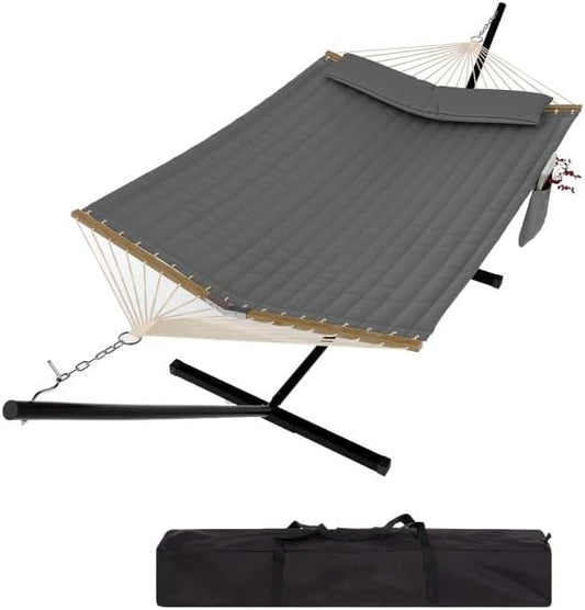 GarveeHome 2 Person Outdoor Hammock with Stand, Portable Hammock, Heavy Duty Hammock with Carrying Bag, Soft Pillow, Balance Ropes, for Patio, Backyard, Garden, Beach, Dark Gray