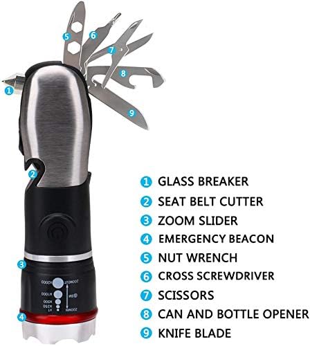 Multi Tool LED Flashlight, All in One Tool Light for Emergency, Camping and Cars with Glass Breaker and Seatbelt Cutter (Black)