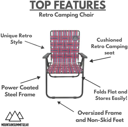 MOUNTAIN SUMMIT GEAR Retro Webbed Camping Chair - Lightweight, Foldable, Durable Steel Frame, 300lb Capacity, Vintage Red/White/Blue Stripes by Caddis Sports