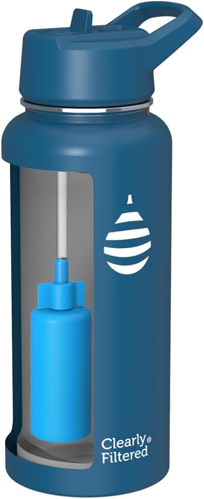 Clearly Filtered Water Bottle | Removes 200+ Contaminants, Double-Wall Insulated Stainless Steel, BPA/BPS Free, Phthalate Free, Filters Flouride Lead Chlorine (32oz, Navy Blue)