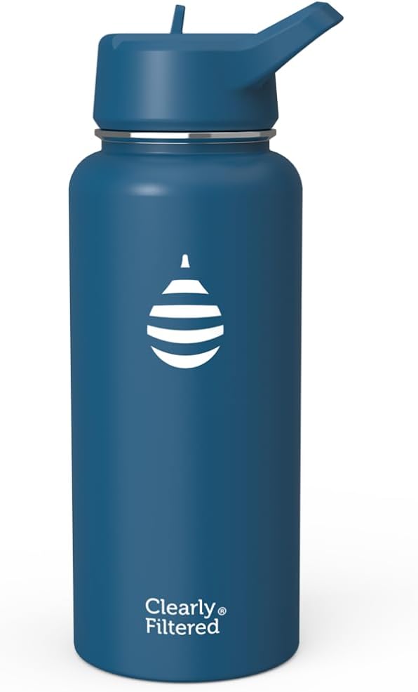 Clearly Filtered Water Bottle | Removes 200+ Contaminants, Double-Wall Insulated Stainless Steel, BPA/BPS Free, Phthalate Free, Filters Flouride Lead Chlorine (32oz, Navy Blue)
