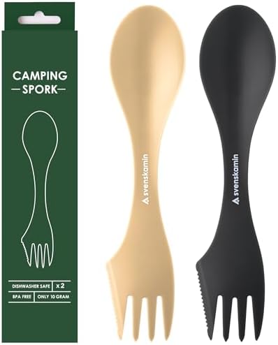 Reusable Camping Spork Set 2-Pack - 3-in-1 Travel Sporks, Lightweight Durable Utensils & Silverware for Tailgate, Outdoors, Hiking, Picnic, Lunch Box - Eco-Friendly Plastic Fork Spoon Knife Combo