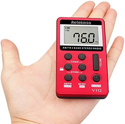 Retekess V112 AM FM Portable Pocket Radio, FM Receiver, Digital Tuning Stereo, with Headphones, Rechargeable Battery, for Walking, Jogging, Training, Church (Red)