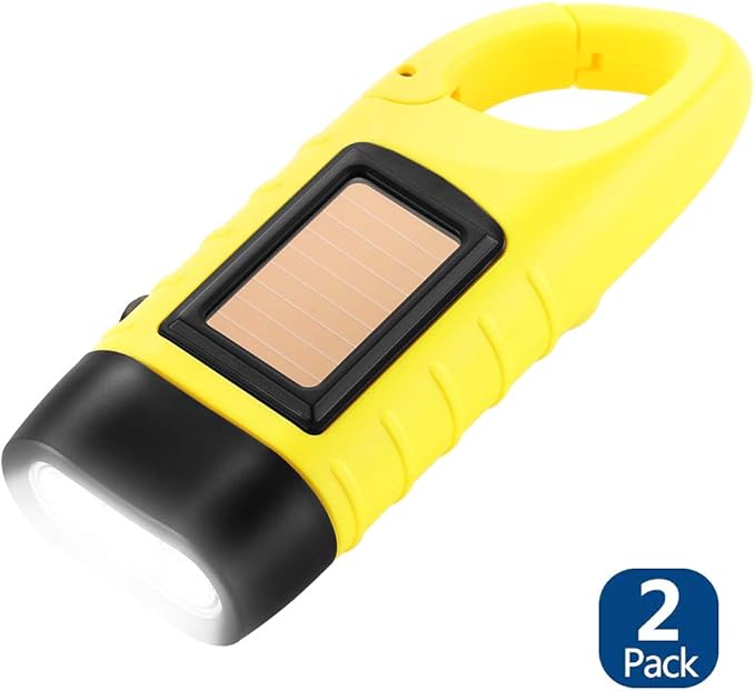 Simpeak 2-Pack Hand Crank Solar Powered Emergency LED Flashlight, Survival Flashlight with Dynamo Torch for Outdoor Sports, Yellow