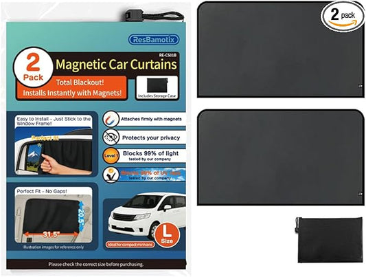 Magnetic Car Side Window Sun Shade, 2 Pack, Privacy Protection with UV Blocking, Easy Install with Storage Case, for Family Travel, Camping, Business Trips (Black, Large（31.5"L x 20.5"W）)