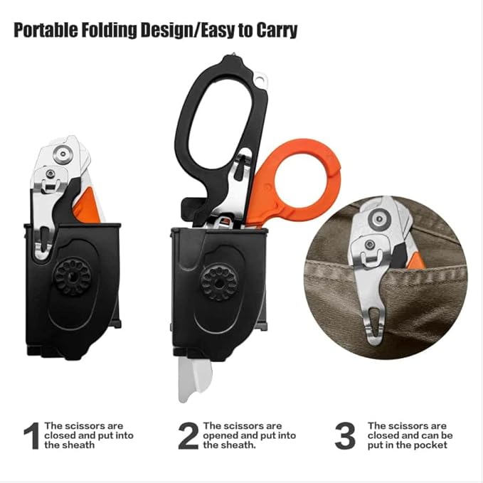 6 in 1 Multifunctional Trauma Shears Foldable with Strap Cutter | Heavy Duty Stainless Steel Emergency Response Shears | Survival Scissors With Holster | Medical Trauma Tactical | Black & Orange