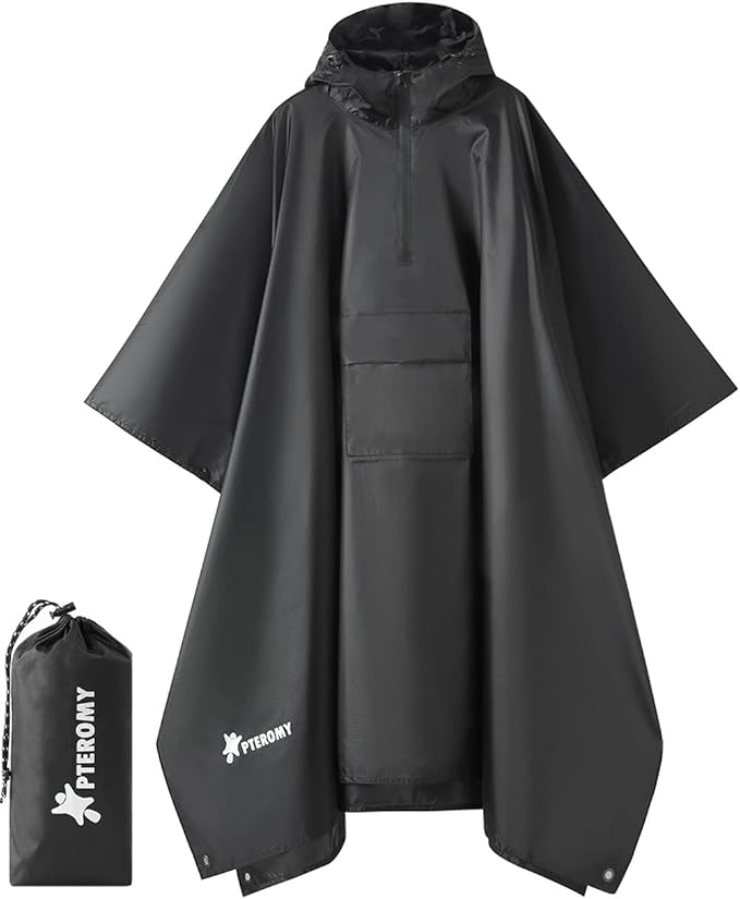PTEROMY 3-in-1 Hooded Rain Poncho for Adult with Pocket, Waterproof Lightweight Unisex Raincoat for Hiking Camping Emergency