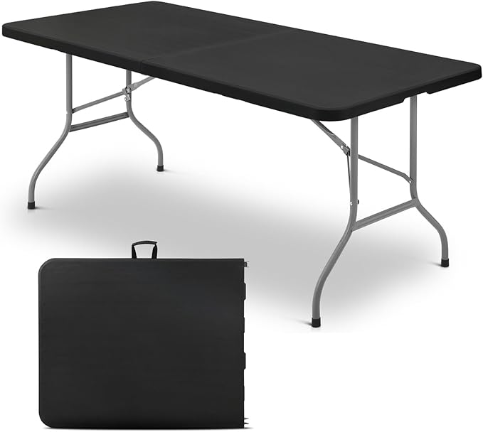 OS MOTOR 6ft Folding Table with Carry Handle, Portable Heavy Duty Plastic Utility Table with Steel Legs for Party, Wedding, Camping, Indoor, Outdoor Event, 72 Inch, Black