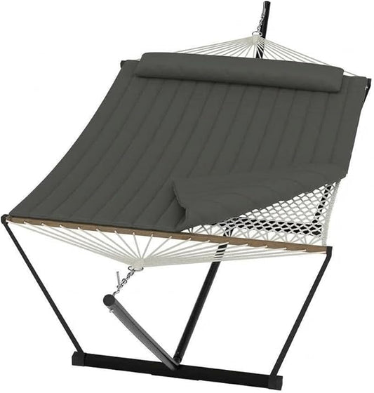Garvee 2 Person Portable Double Hammock for Outdoor with Pillow, Heavy Duty Portable Hammock with Adjustable Steel Stand for Patio, Garden, Beach, Backyard